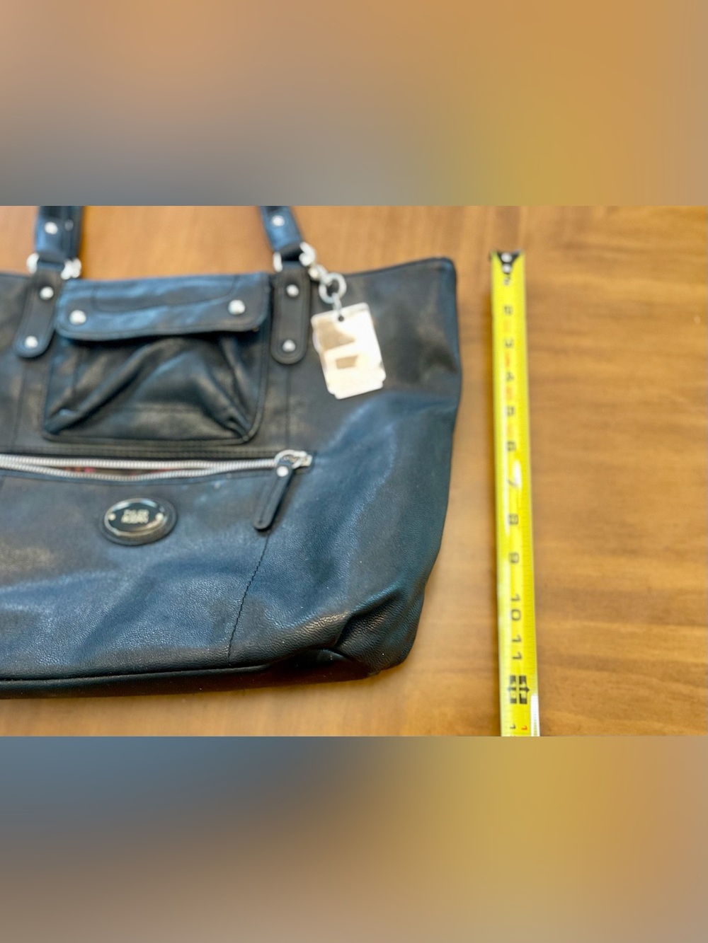 2 Black Leather Tote Bags with Front Zip Pocket